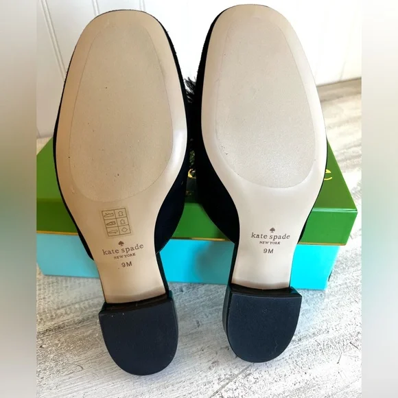 🎉Kate Spade NEW! Gala Slide/Mules in Black Kid Suede & Fun Feather Pom Pom SZ 9 - Picture 6 of 7